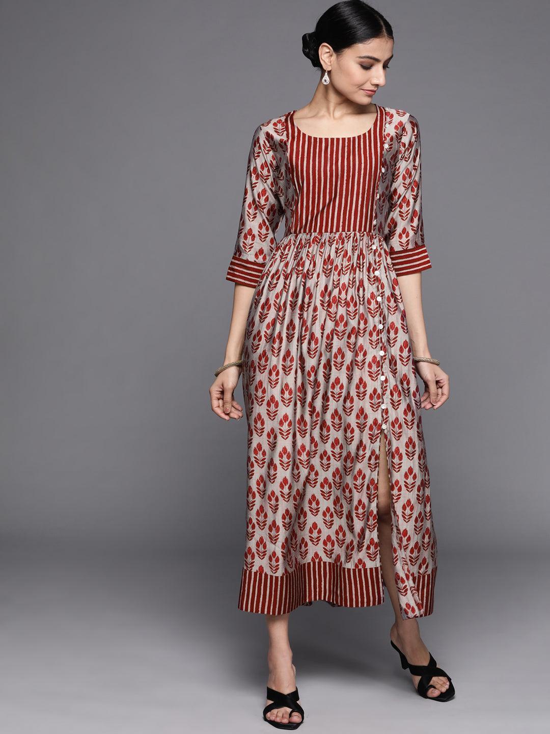 Maroon Printed Silk Dress - ShopLibas