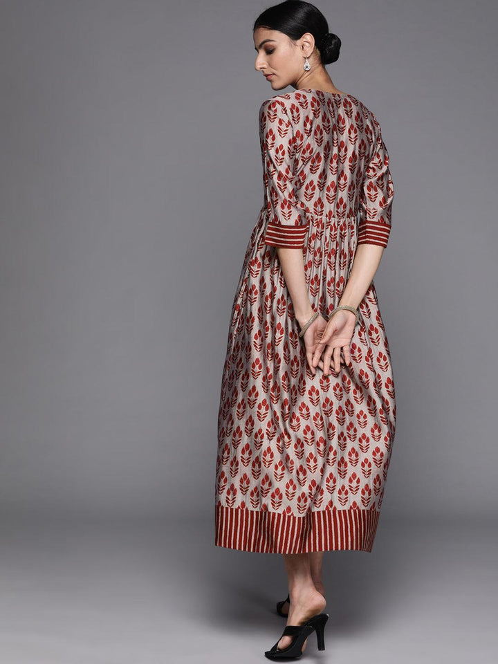 Maroon Printed Silk Dress - ShopLibas