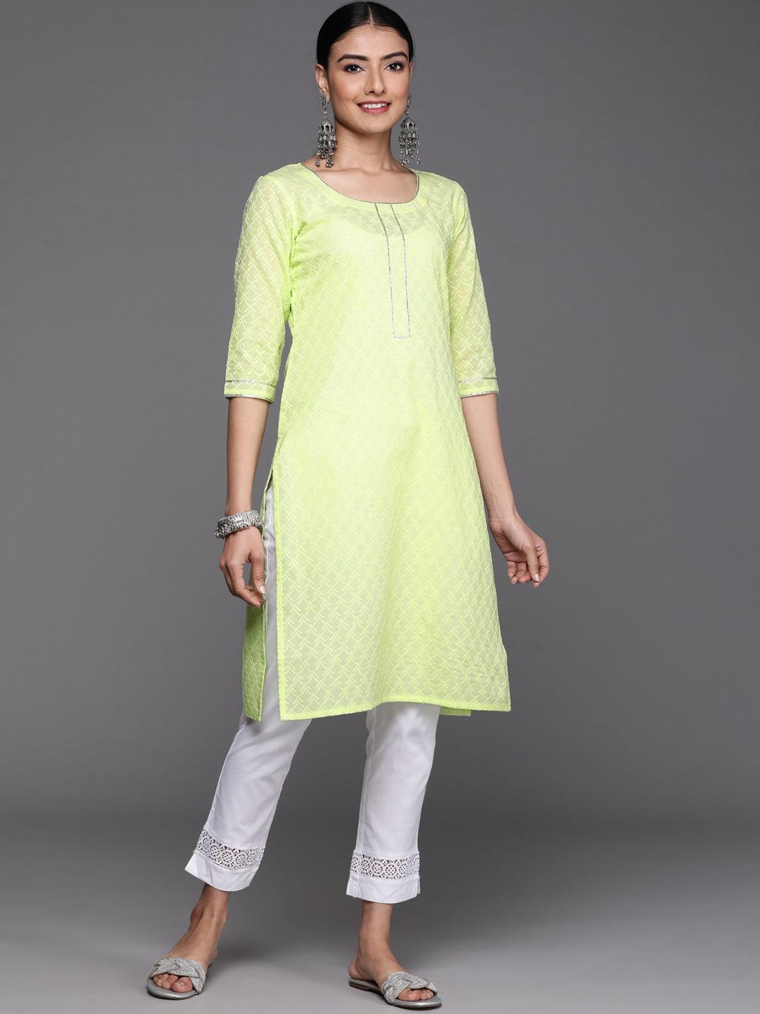 Lime Green Embroidered Cotton Kurta - ShopLibas