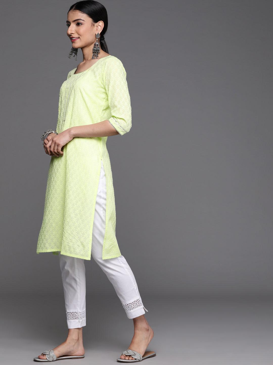 Lime Green Embroidered Cotton Kurta - ShopLibas