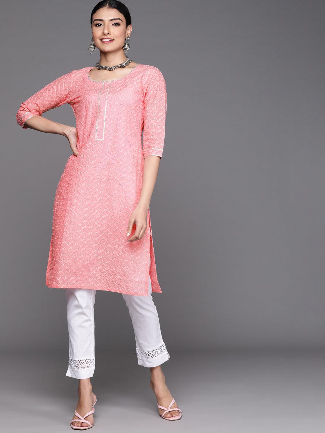 Pink Embroidered Cotton Kurta - ShopLibas