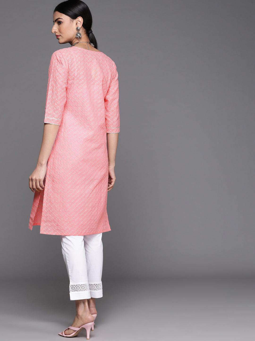 Pink Embroidered Cotton Kurta - ShopLibas