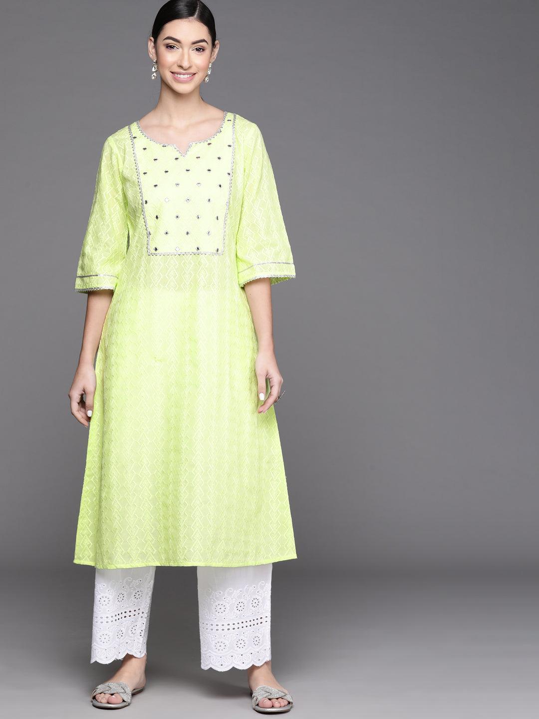 Lime Green Embroidered Cotton Kurta - ShopLibas