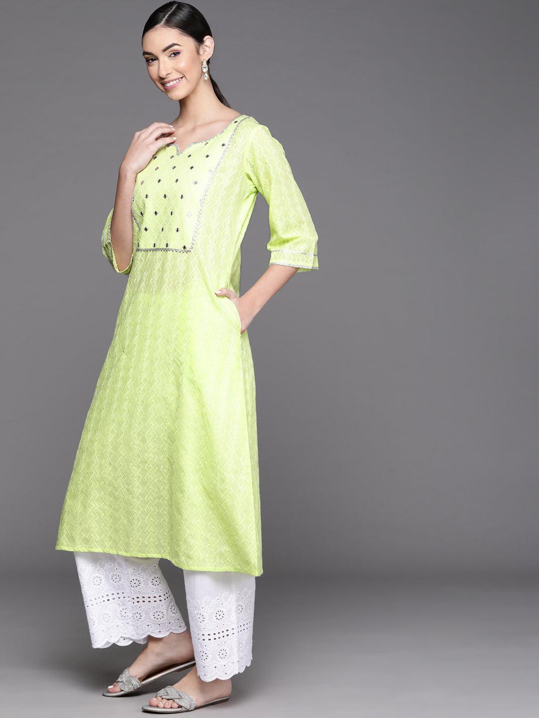 Lime Green Embroidered Cotton Kurta - ShopLibas