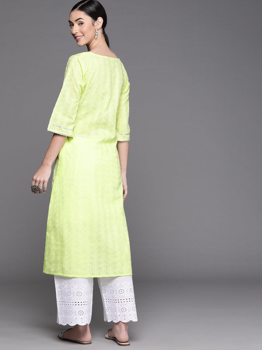 Lime Green Embroidered Cotton Kurta - ShopLibas