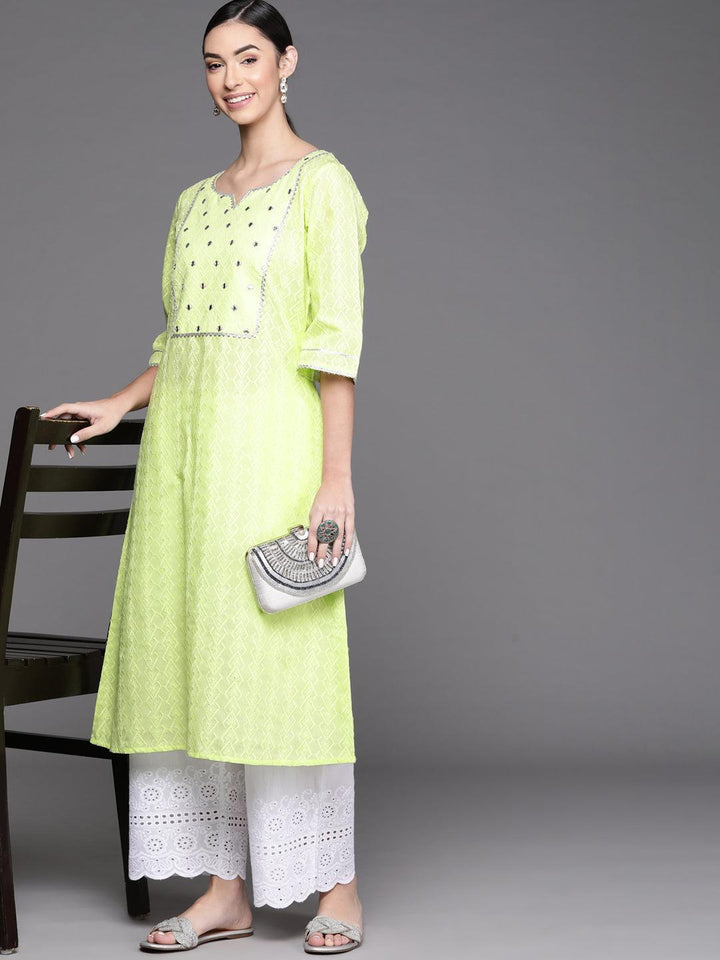 Lime Green Embroidered Cotton Kurta - ShopLibas