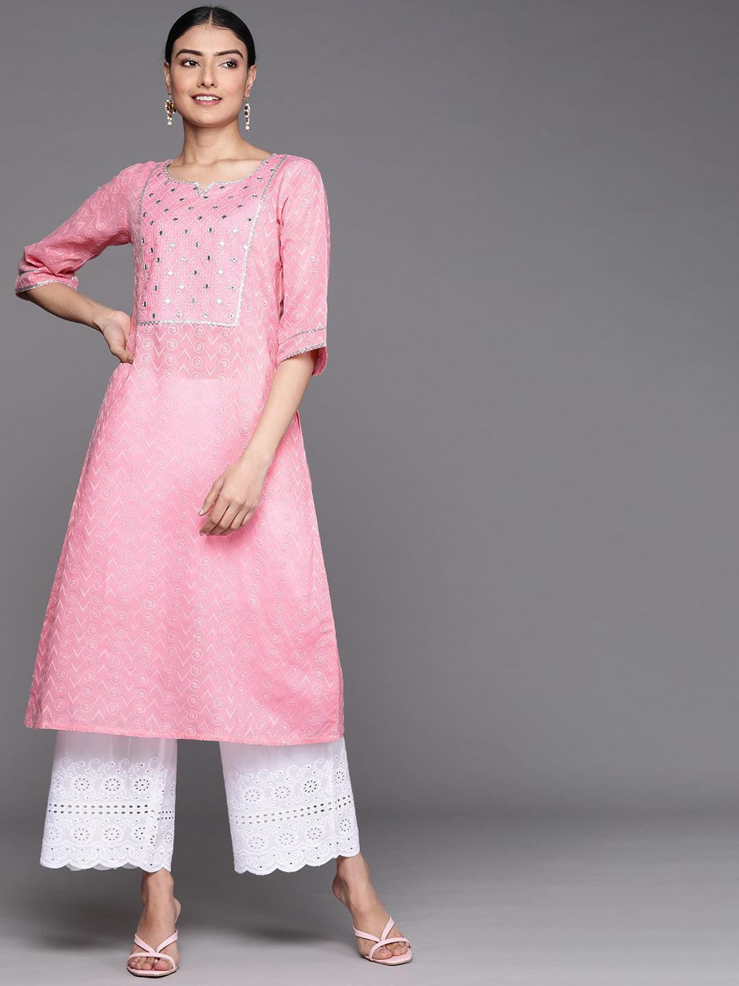 Pink Embroidered Cotton Kurta - ShopLibas