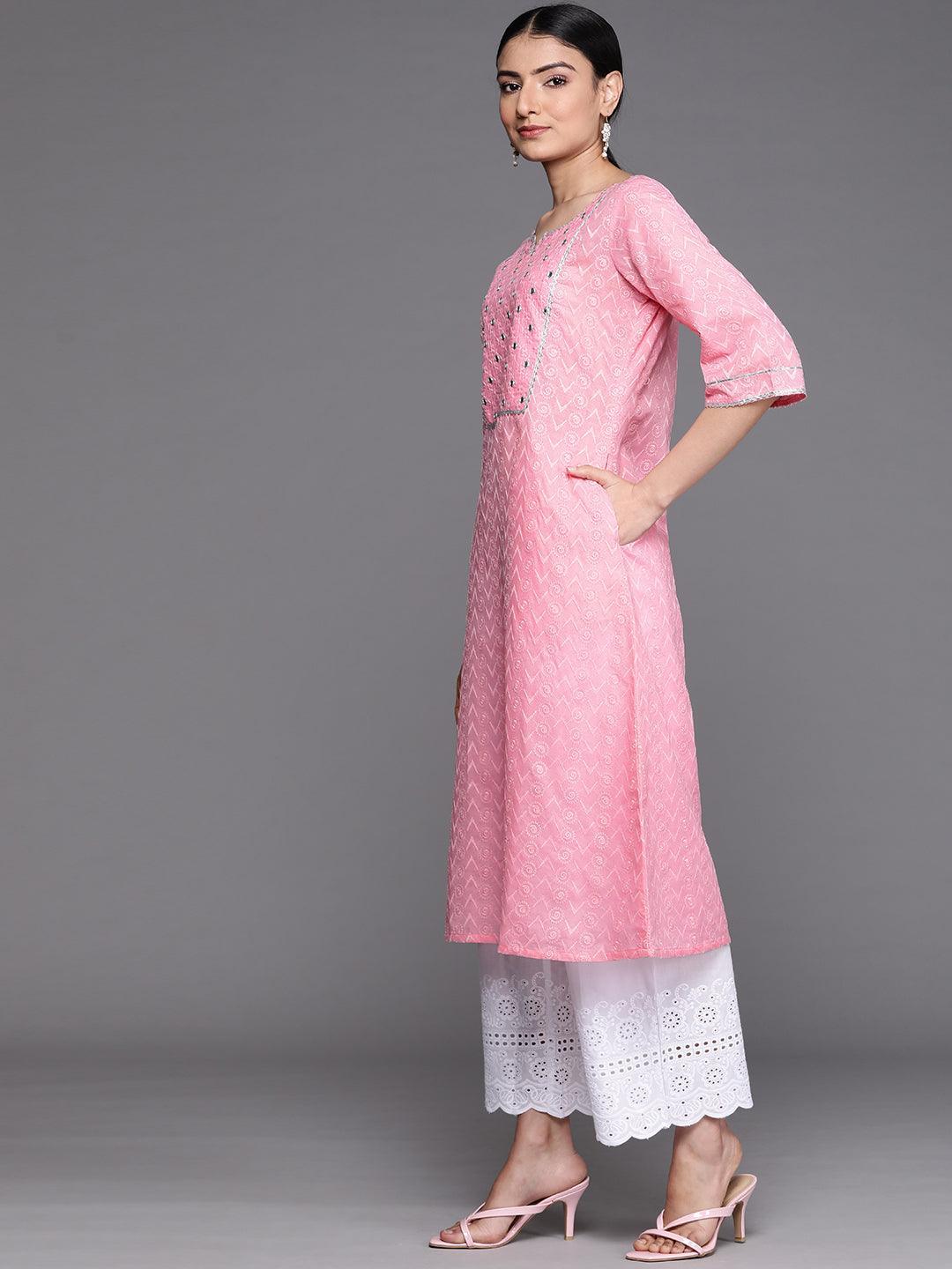 Pink Embroidered Cotton Kurta - ShopLibas