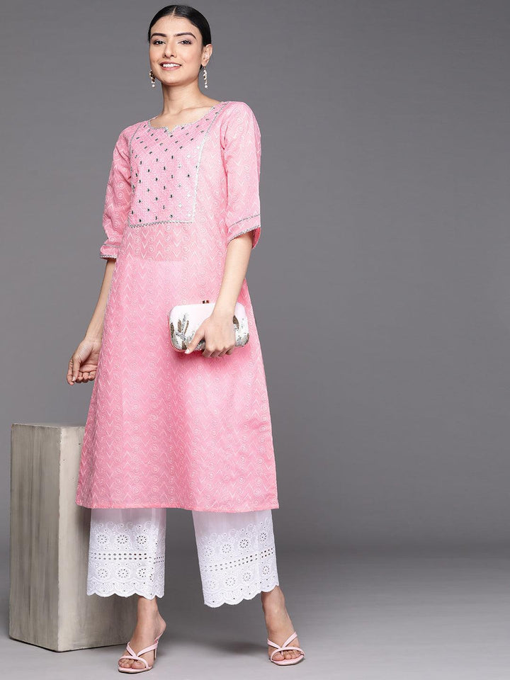 Pink Embroidered Cotton Kurta - ShopLibas