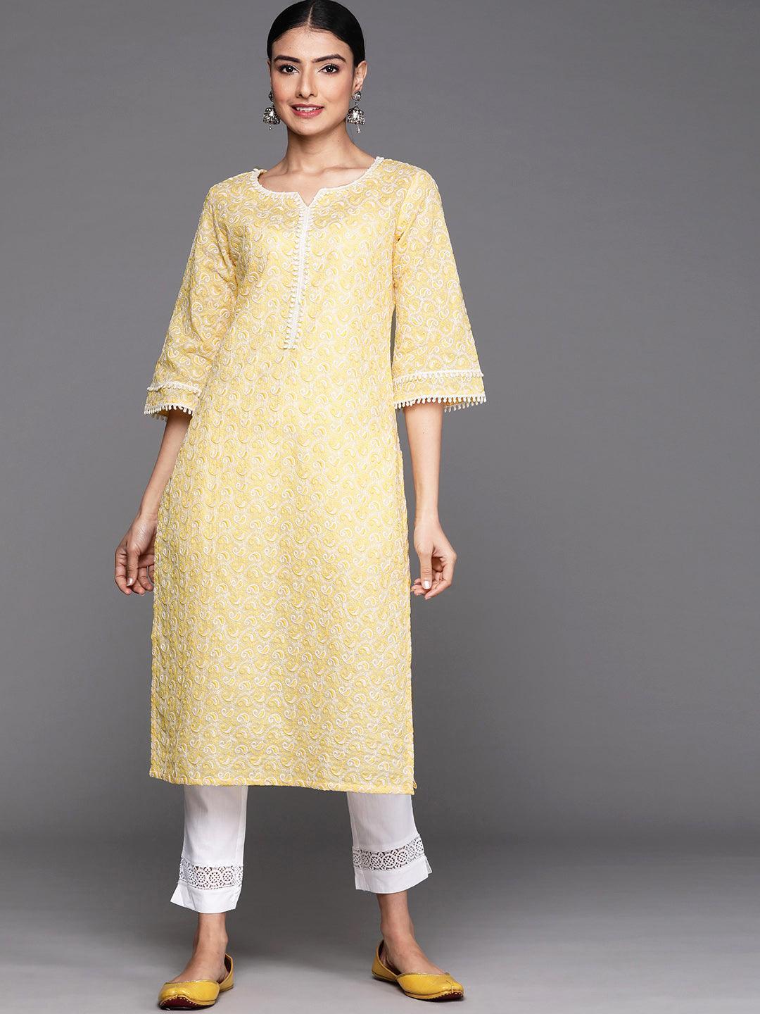 Yellow Embroidered Cotton Kurta