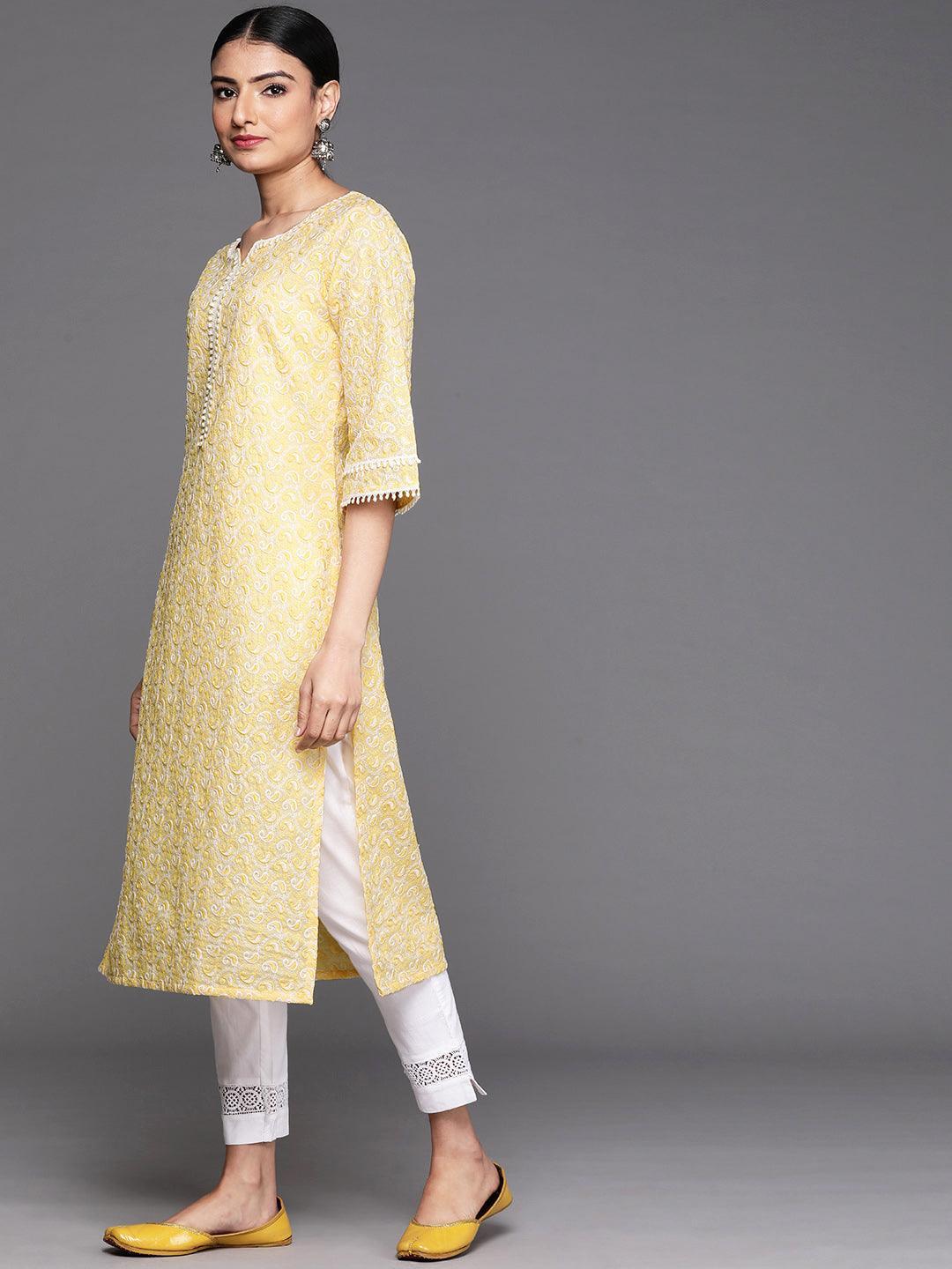 Yellow Embroidered Cotton Kurta