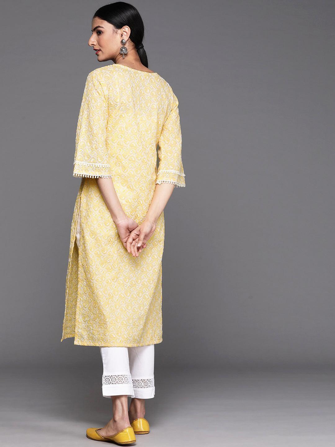 Yellow Embroidered Cotton Kurta