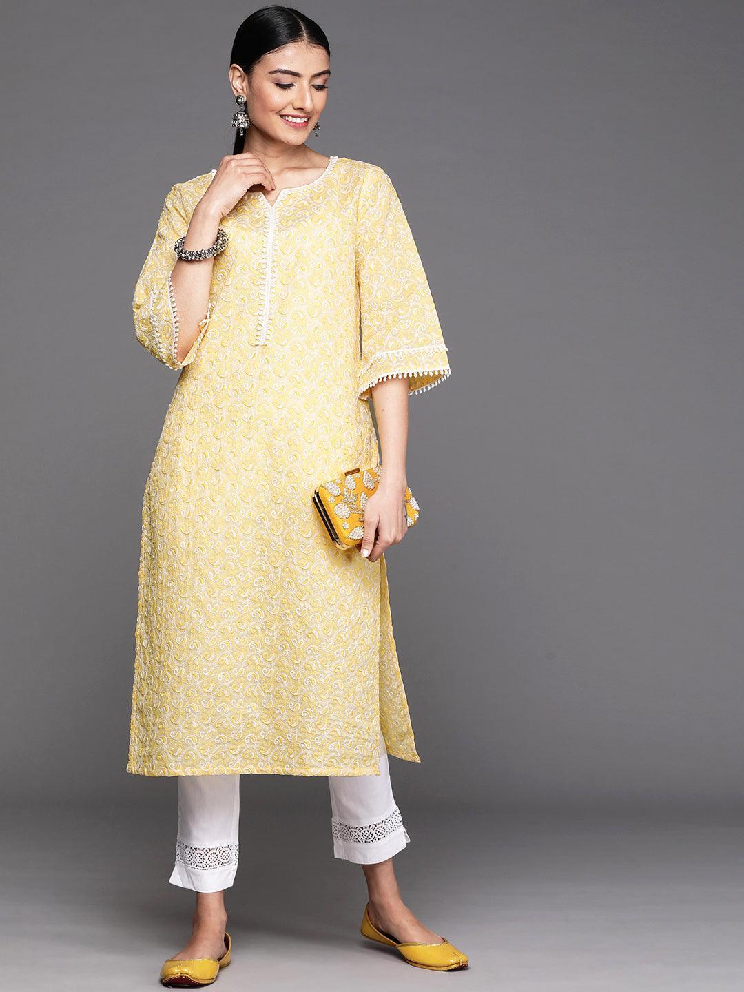 Yellow Embroidered Cotton Kurta