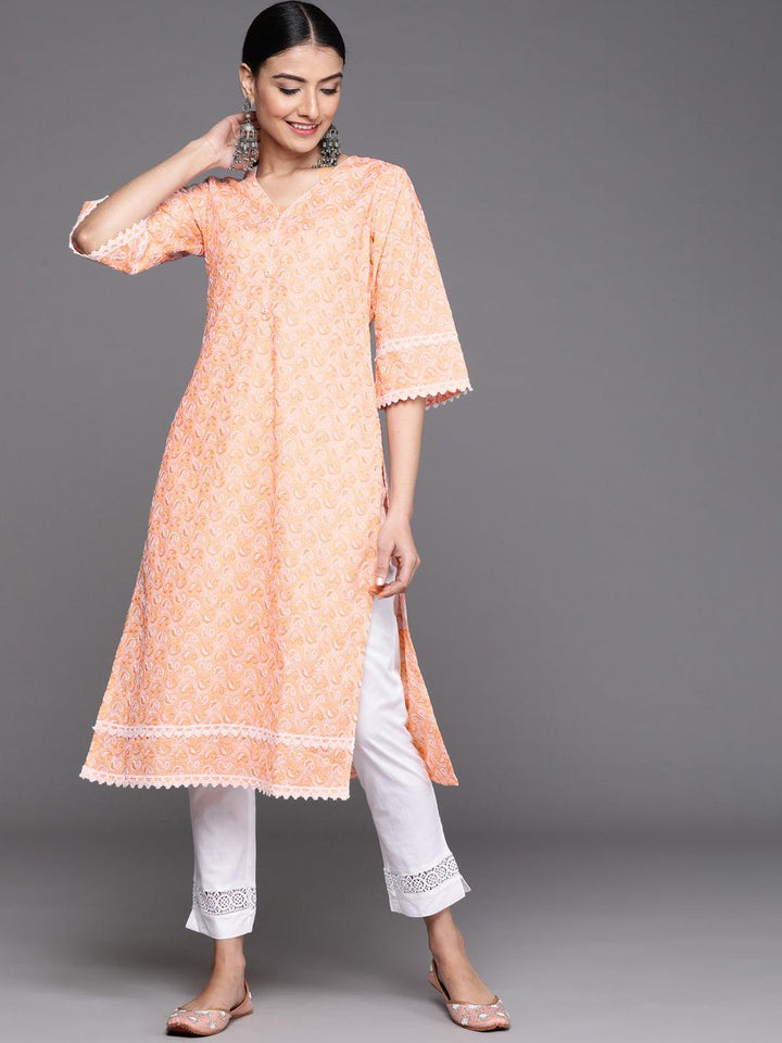 Orange Embroidered Cotton Kurta - ShopLibas