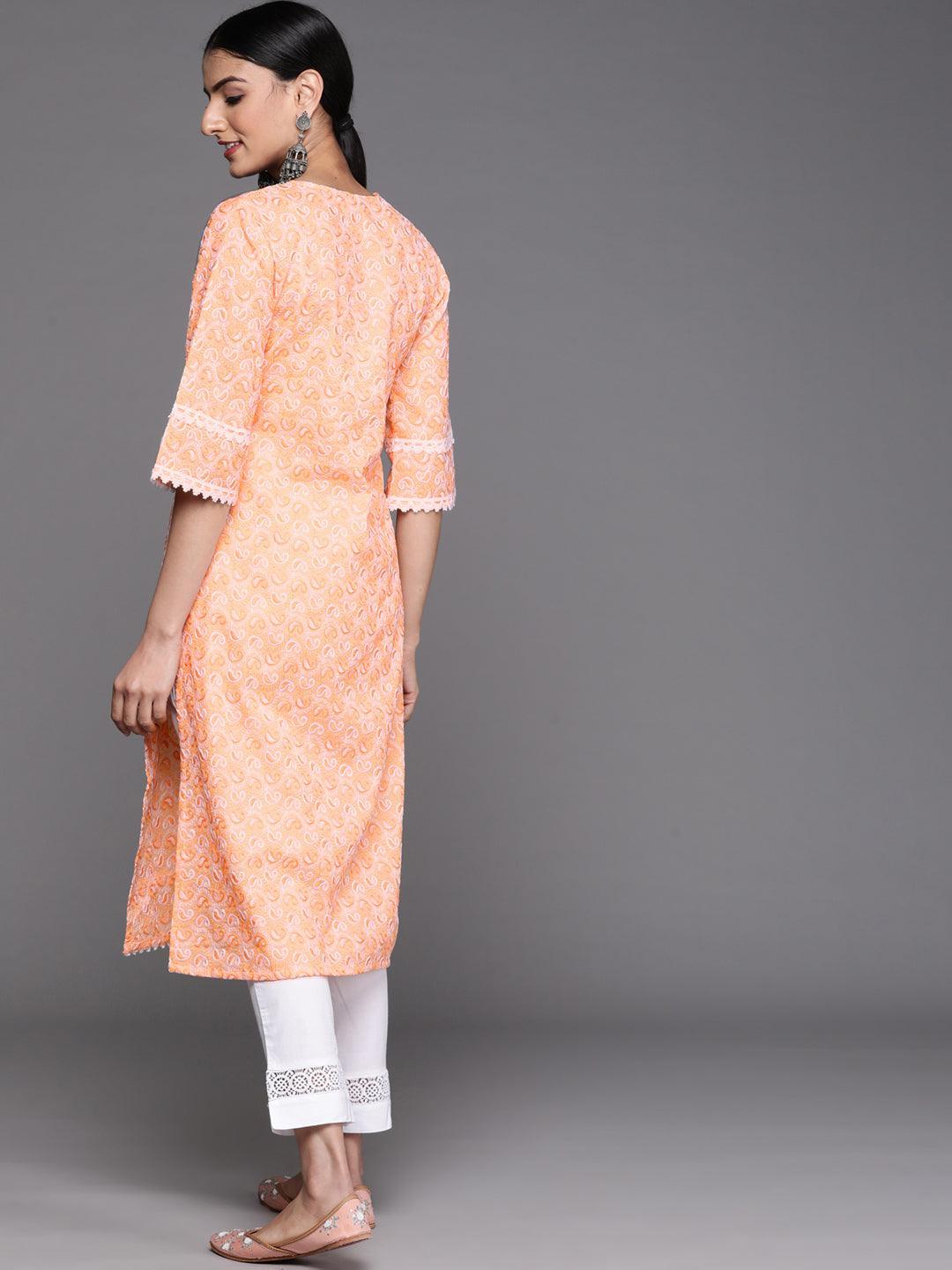 Orange Embroidered Cotton Kurta - ShopLibas