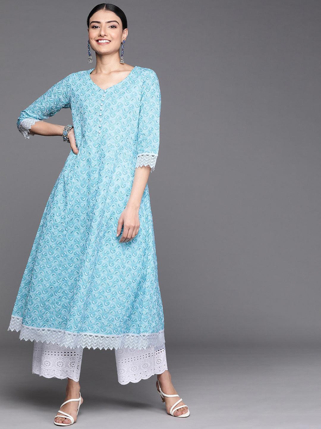 Blue Embroidered Cotton Kurta