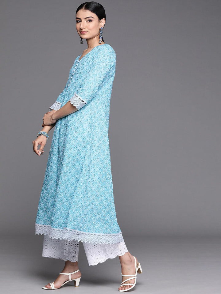 Blue Embroidered Cotton Kurta - ShopLibas