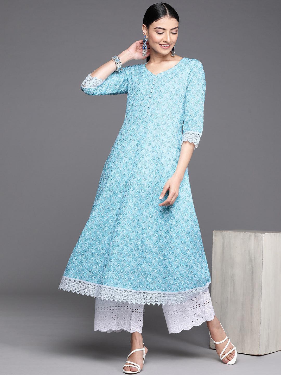 Blue Embroidered Cotton Kurta