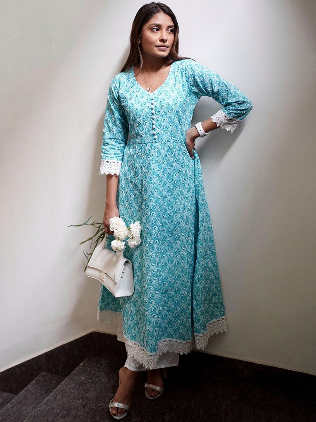 Blue Embroidered Cotton Kurta - ShopLibas