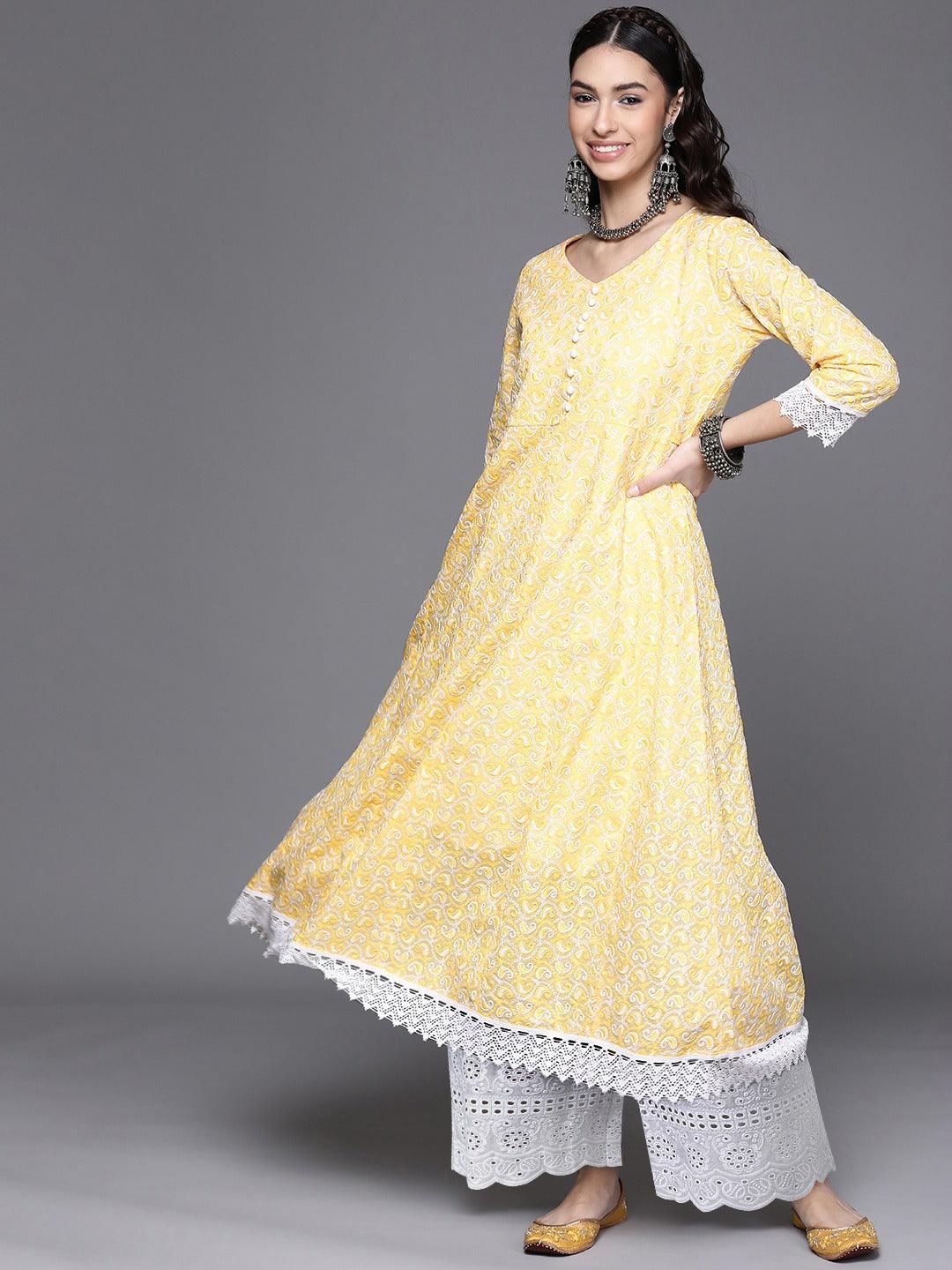 Yellow Embroidered Cotton Kurta