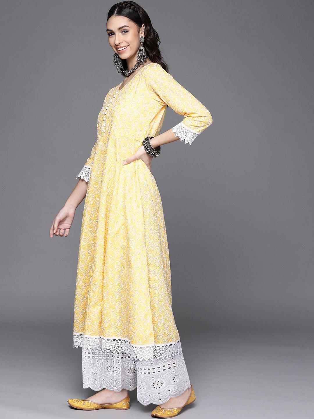 Yellow Embroidered Cotton Kurta