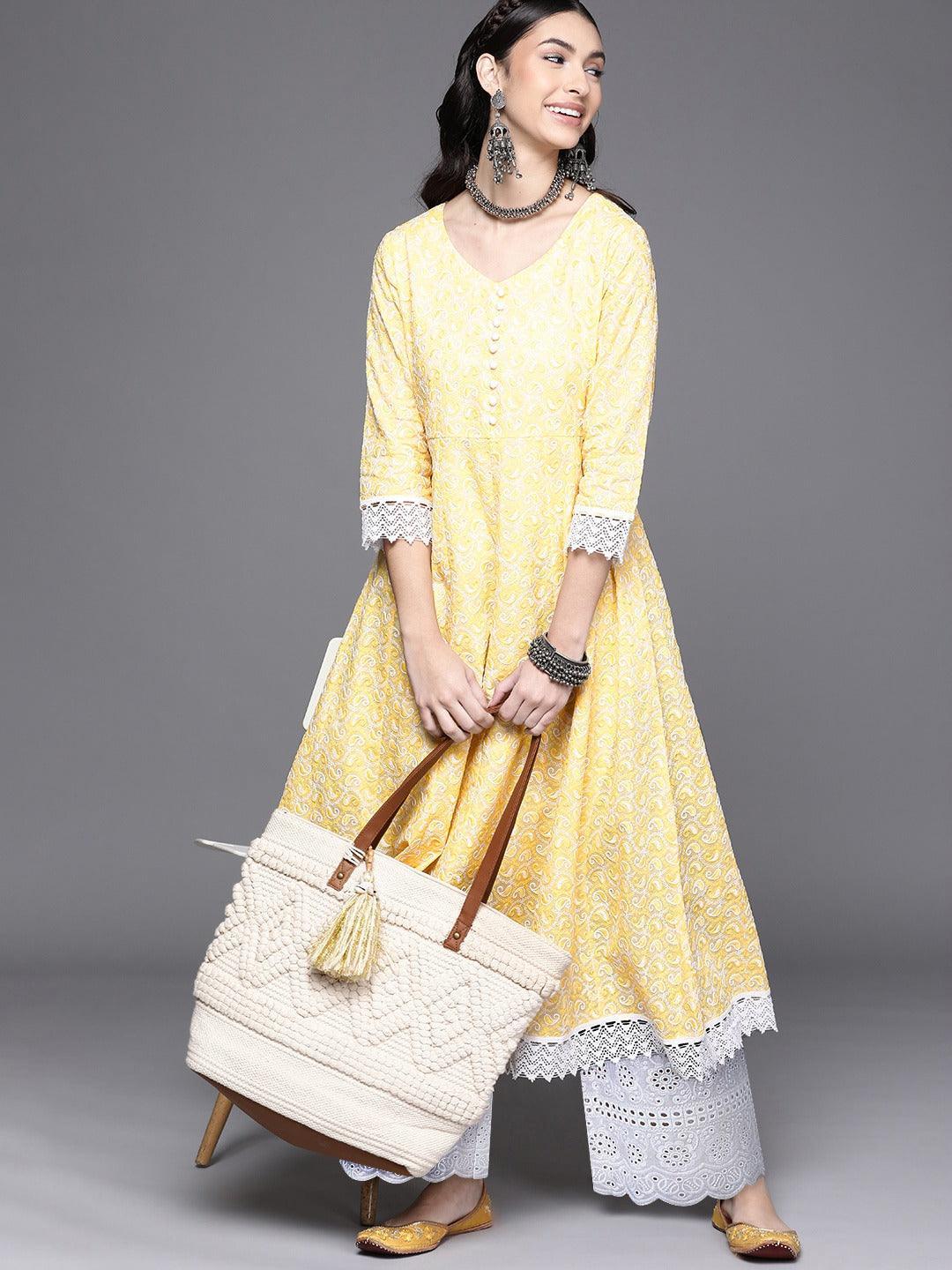 Yellow Embroidered Cotton Kurta