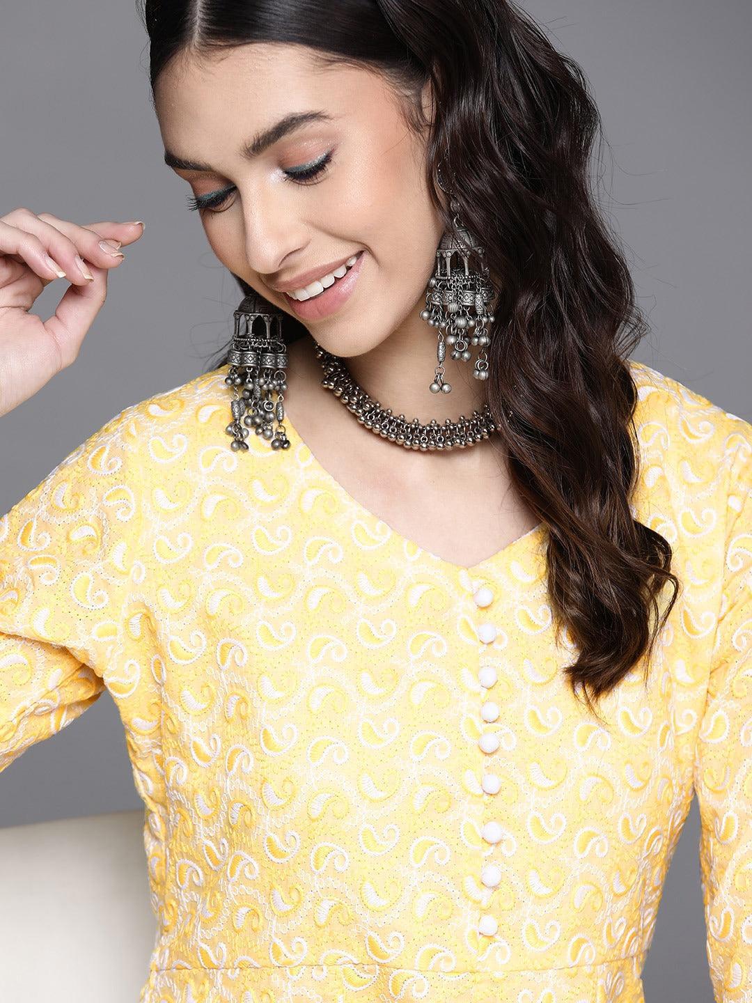 Yellow Embroidered Cotton Kurta