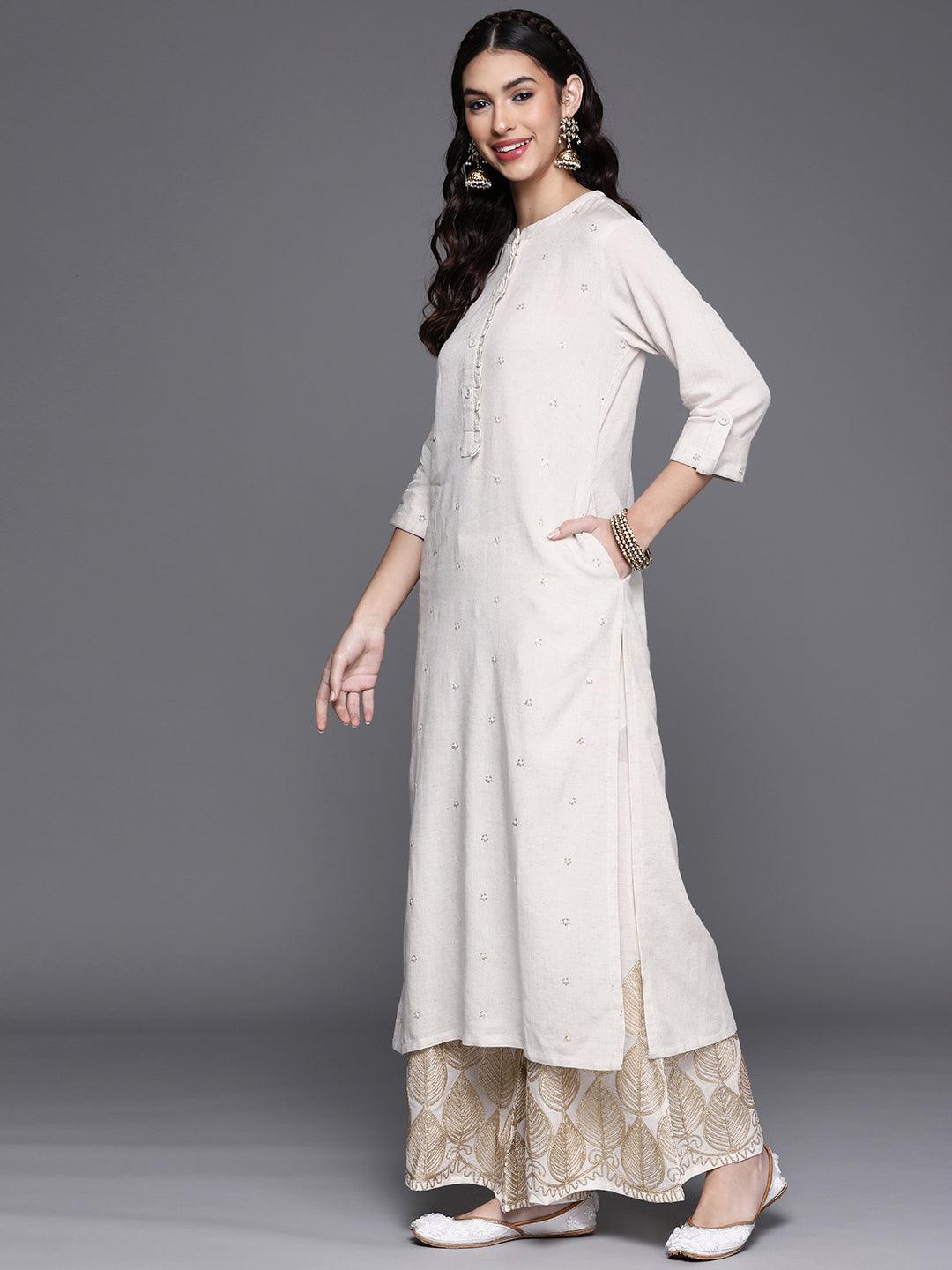 Off White Embellished Cotton Kurta