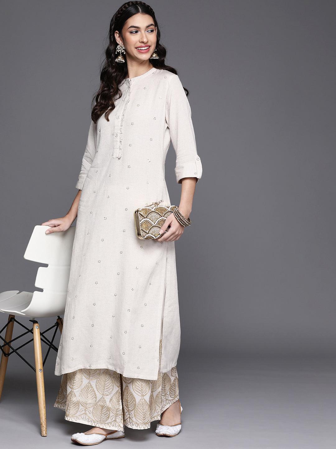 Off White Embellished Cotton Kurta