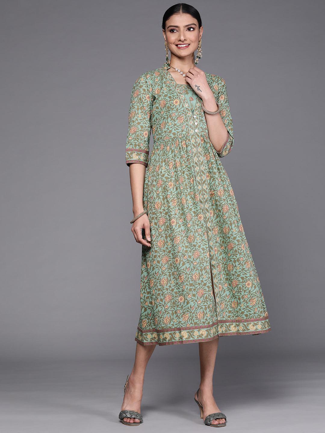 Green Printed Silk Dress - ShopLibas