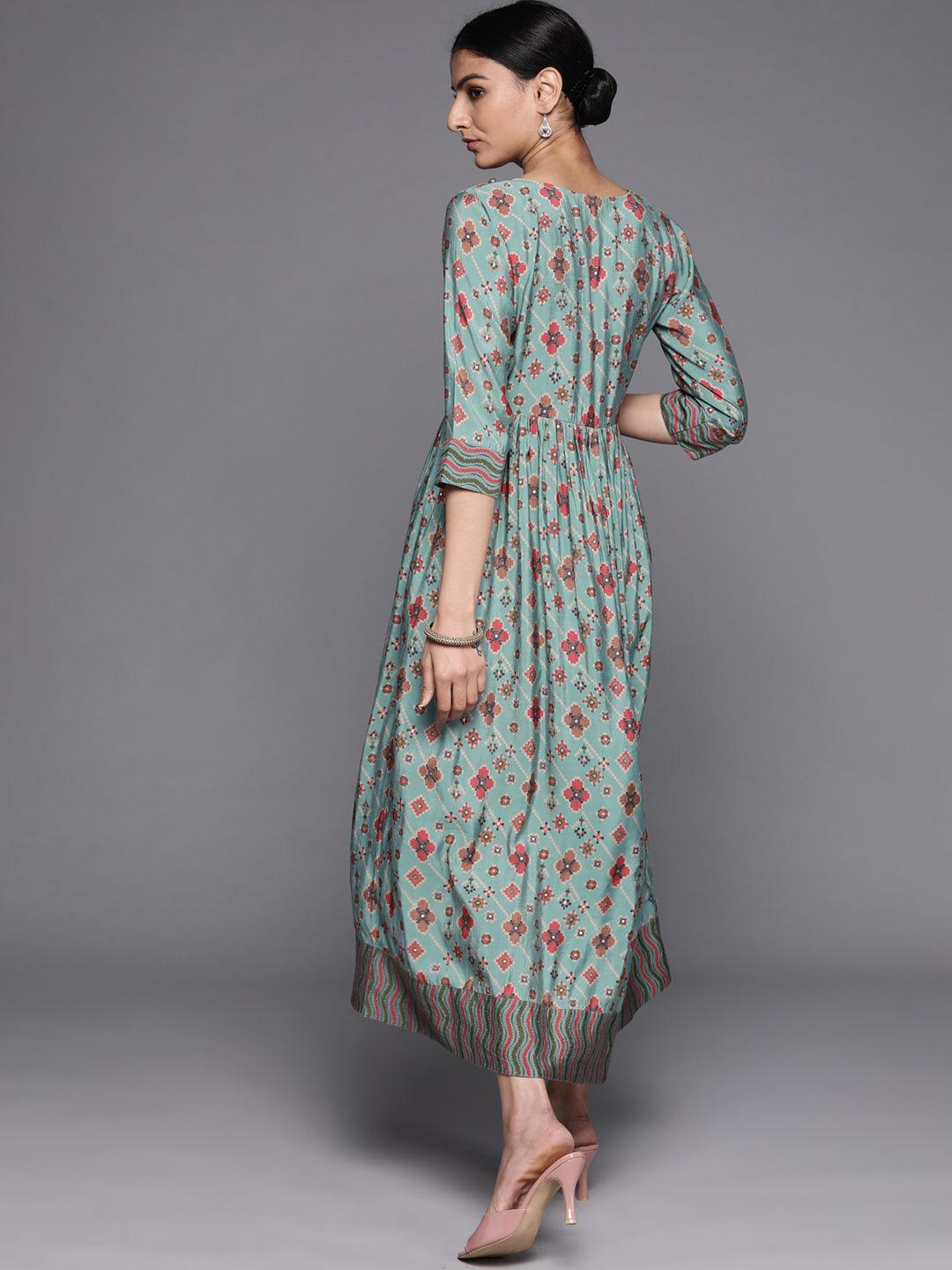 Blue Printed Silk Dress - ShopLibas