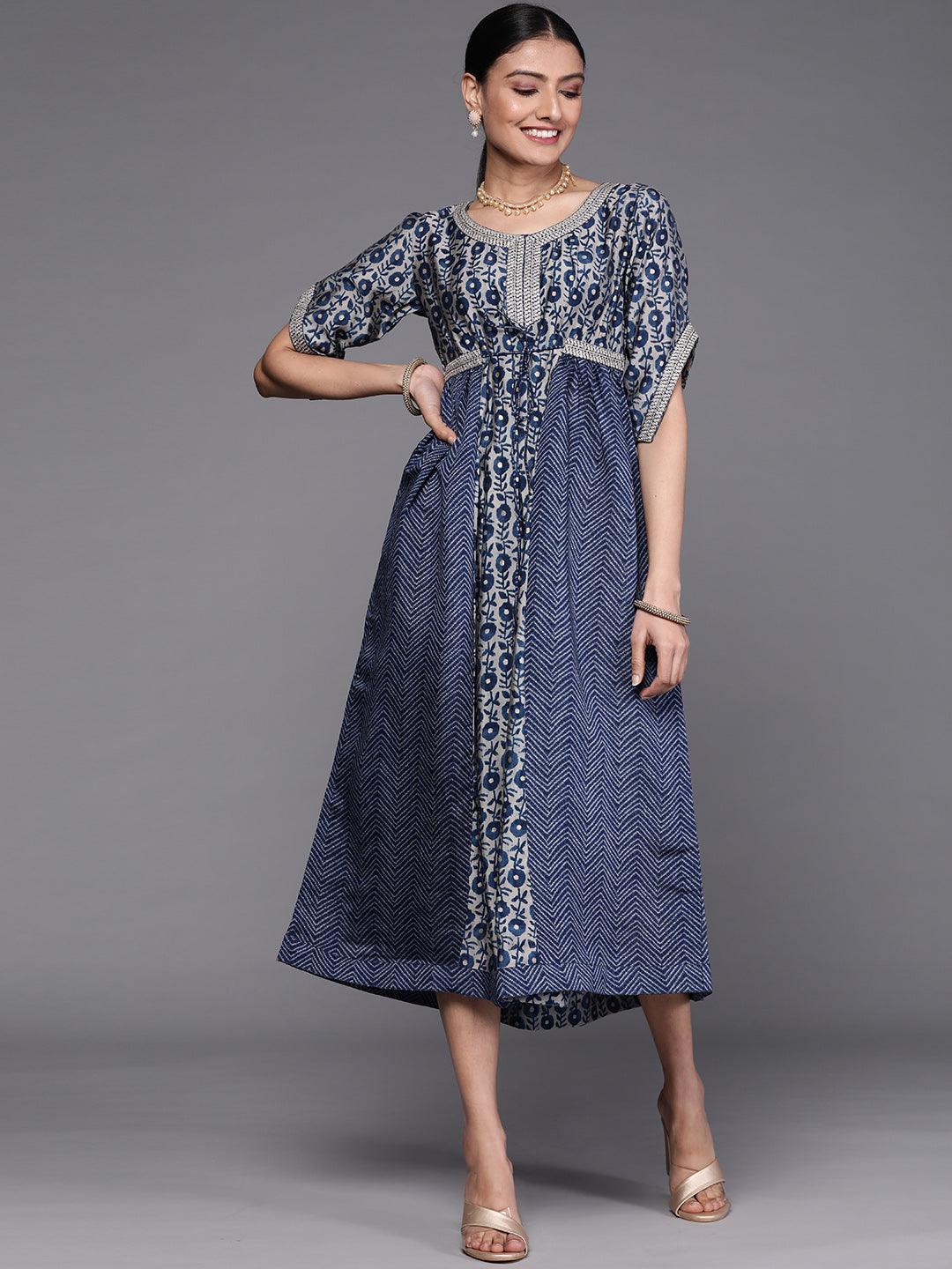 Navy Blue Printed Silk Dress