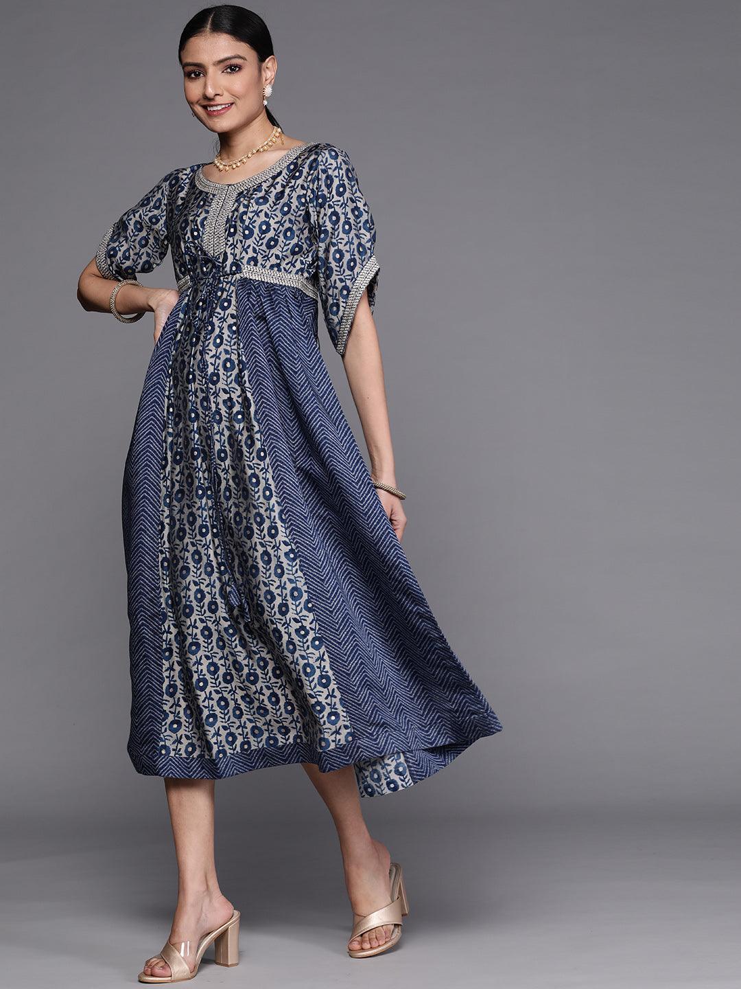 Navy Blue Printed Silk Dress