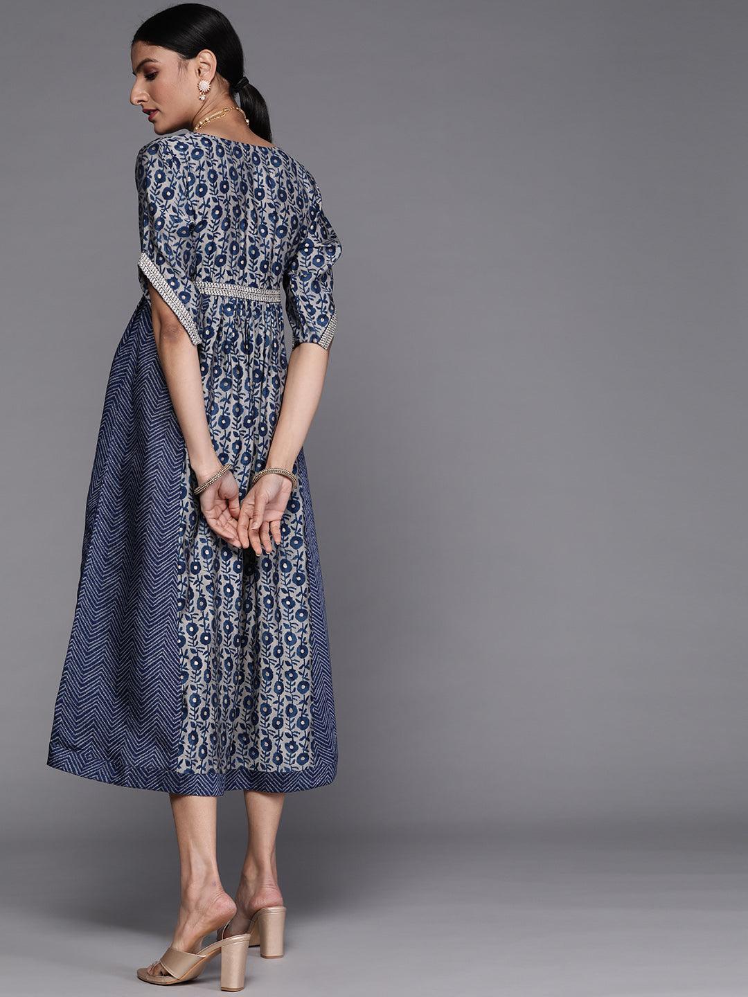 Navy Blue Printed Silk Dress