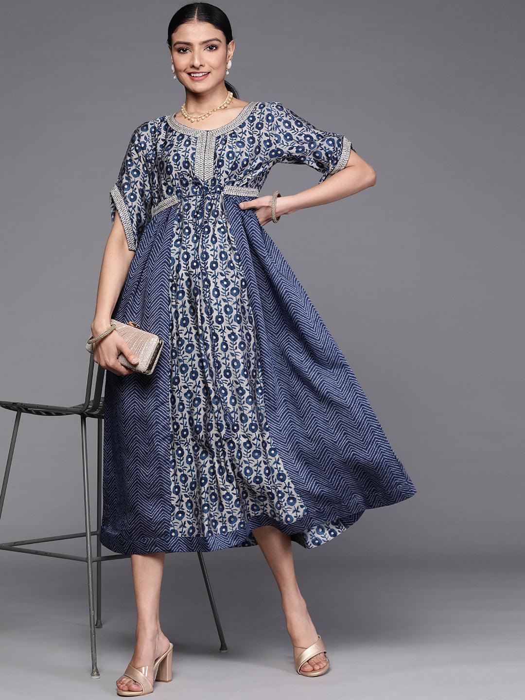 Navy Blue Printed Silk Dress