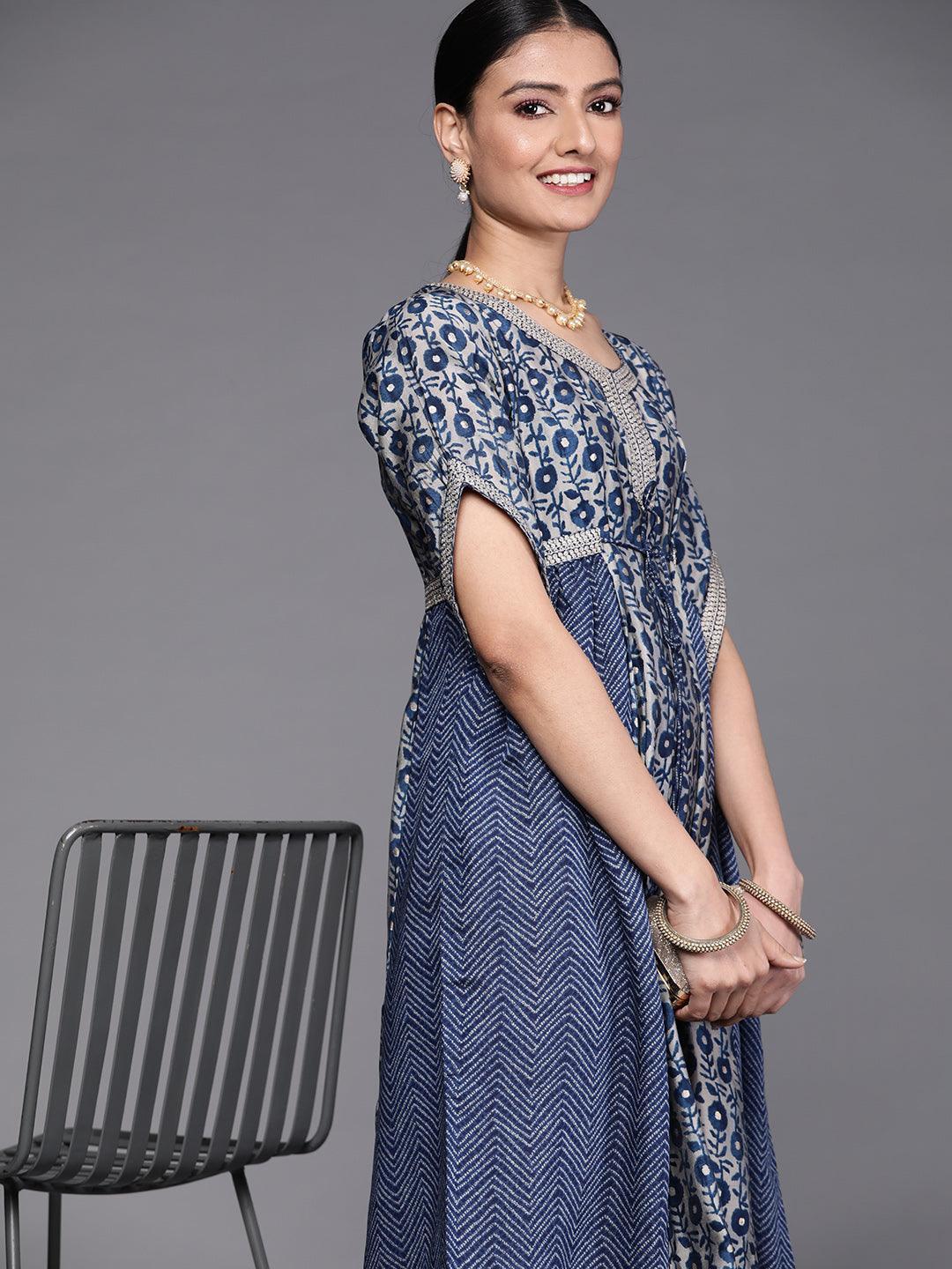 Navy Blue Printed Silk Dress