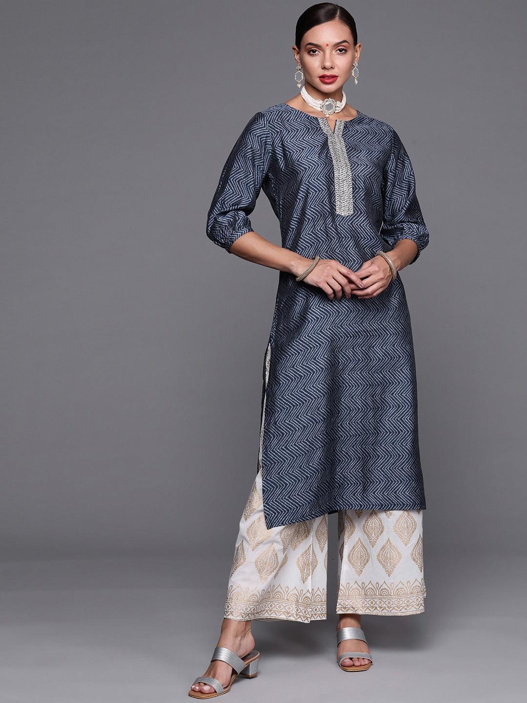 Blue Printed Chanderi Silk Kurta