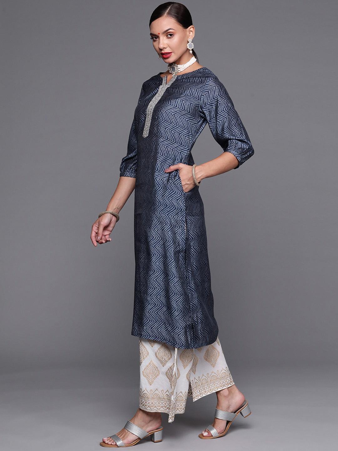 Blue Printed Chanderi Silk Kurta