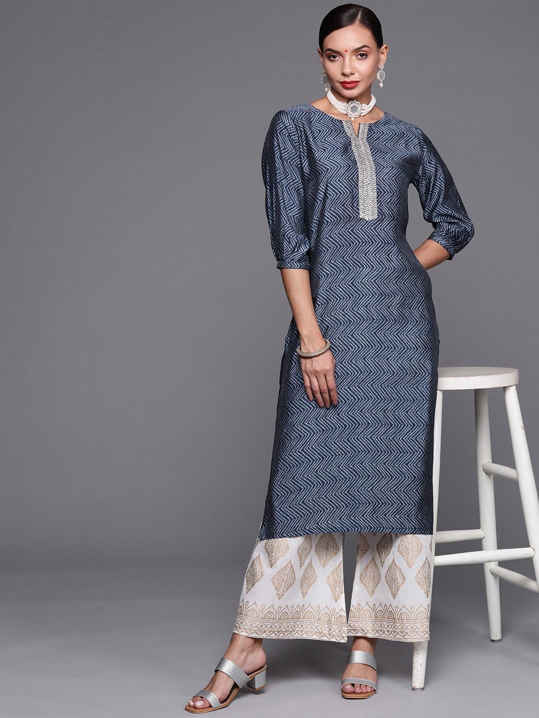 Blue Printed Chanderi Silk Kurta