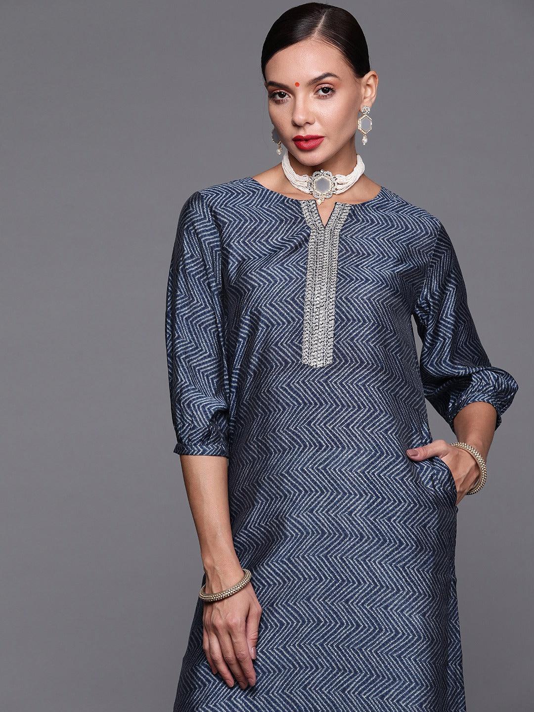 Blue Printed Chanderi Silk Kurta