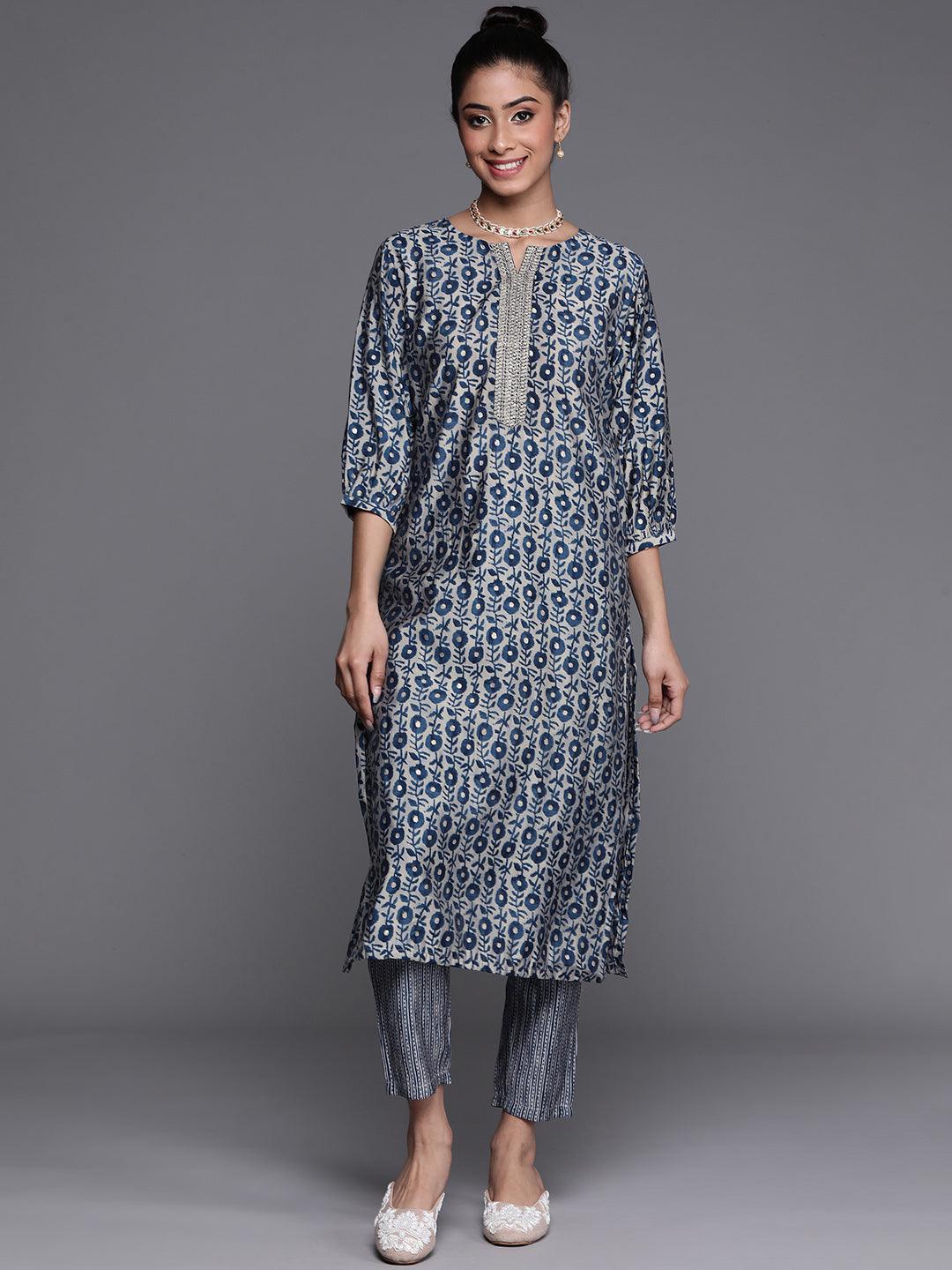 Blue Printed Chanderi Silk Kurta