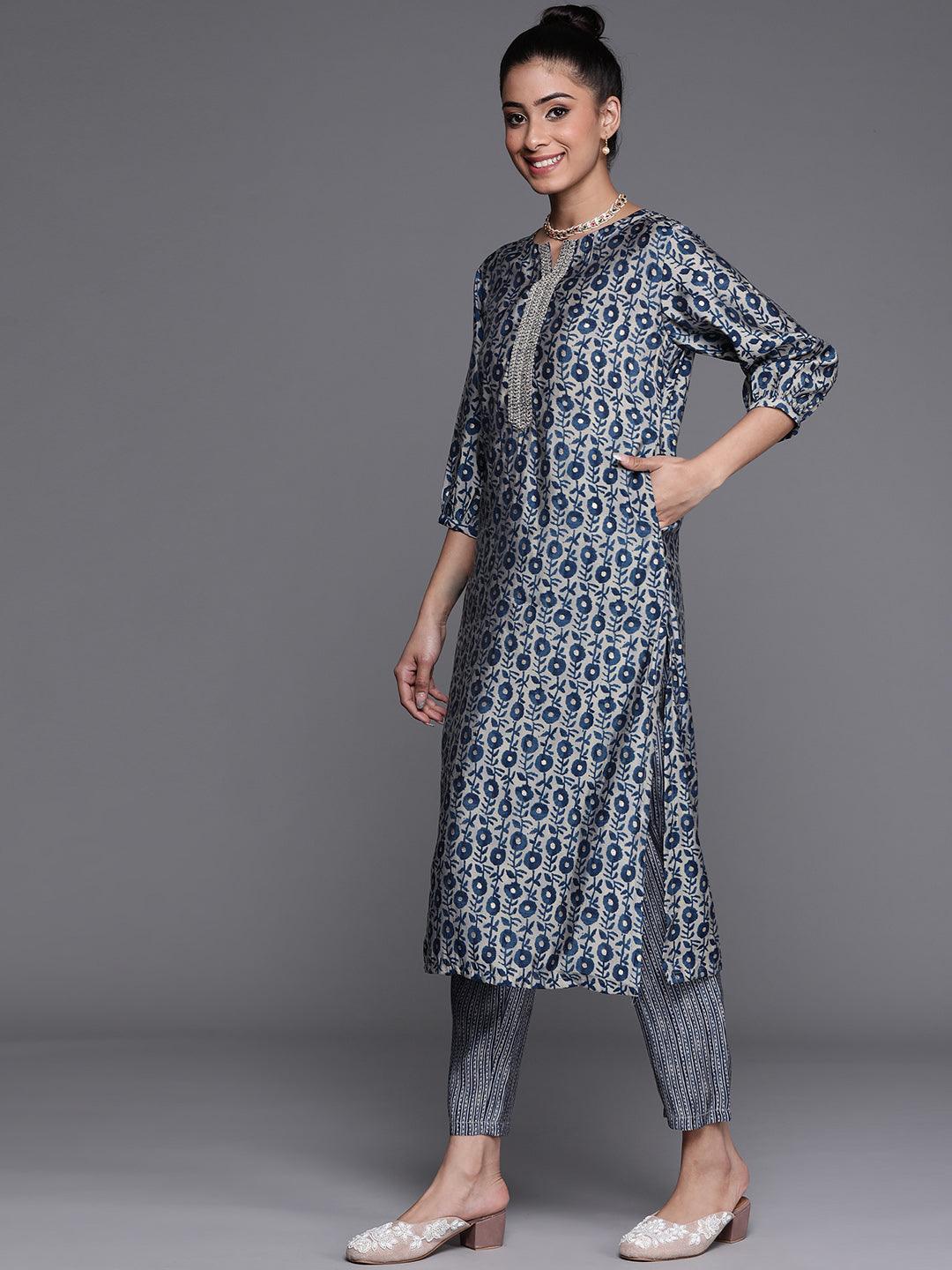 Blue Printed Chanderi Silk Kurta