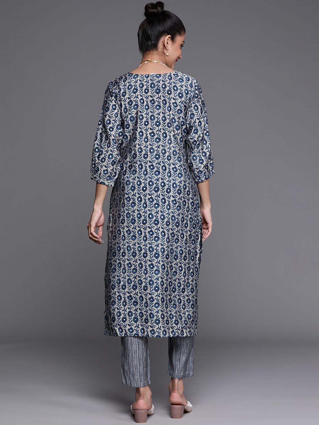 Blue Printed Chanderi Silk Kurta