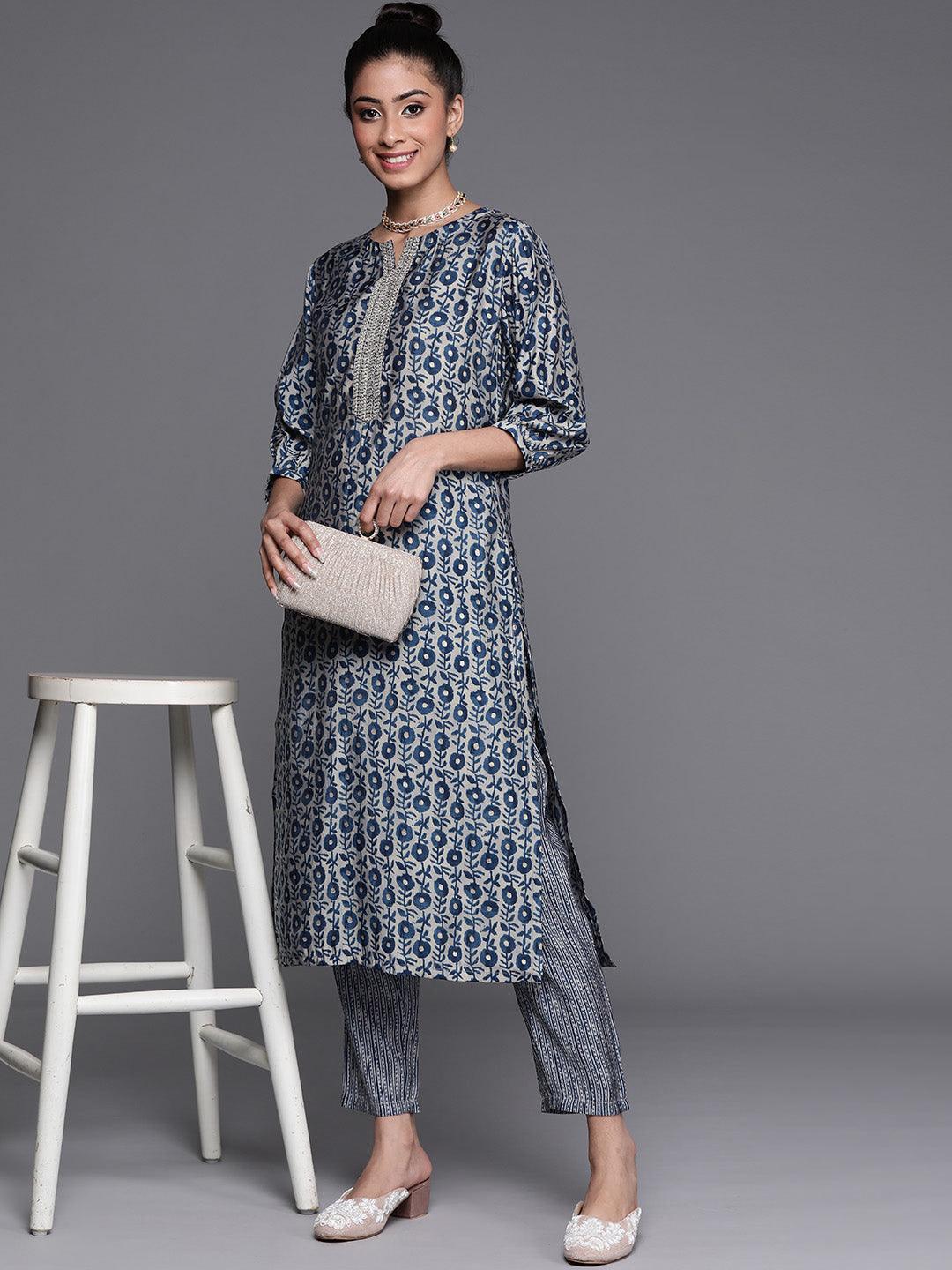 Blue Printed Chanderi Silk Kurta