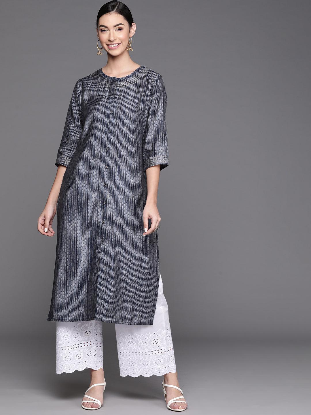 Navy Blue Printed Chanderi Silk Kurta