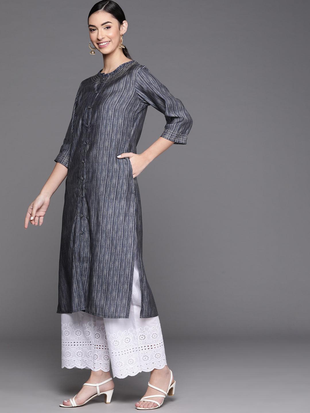 Navy Blue Printed Chanderi Silk Kurta