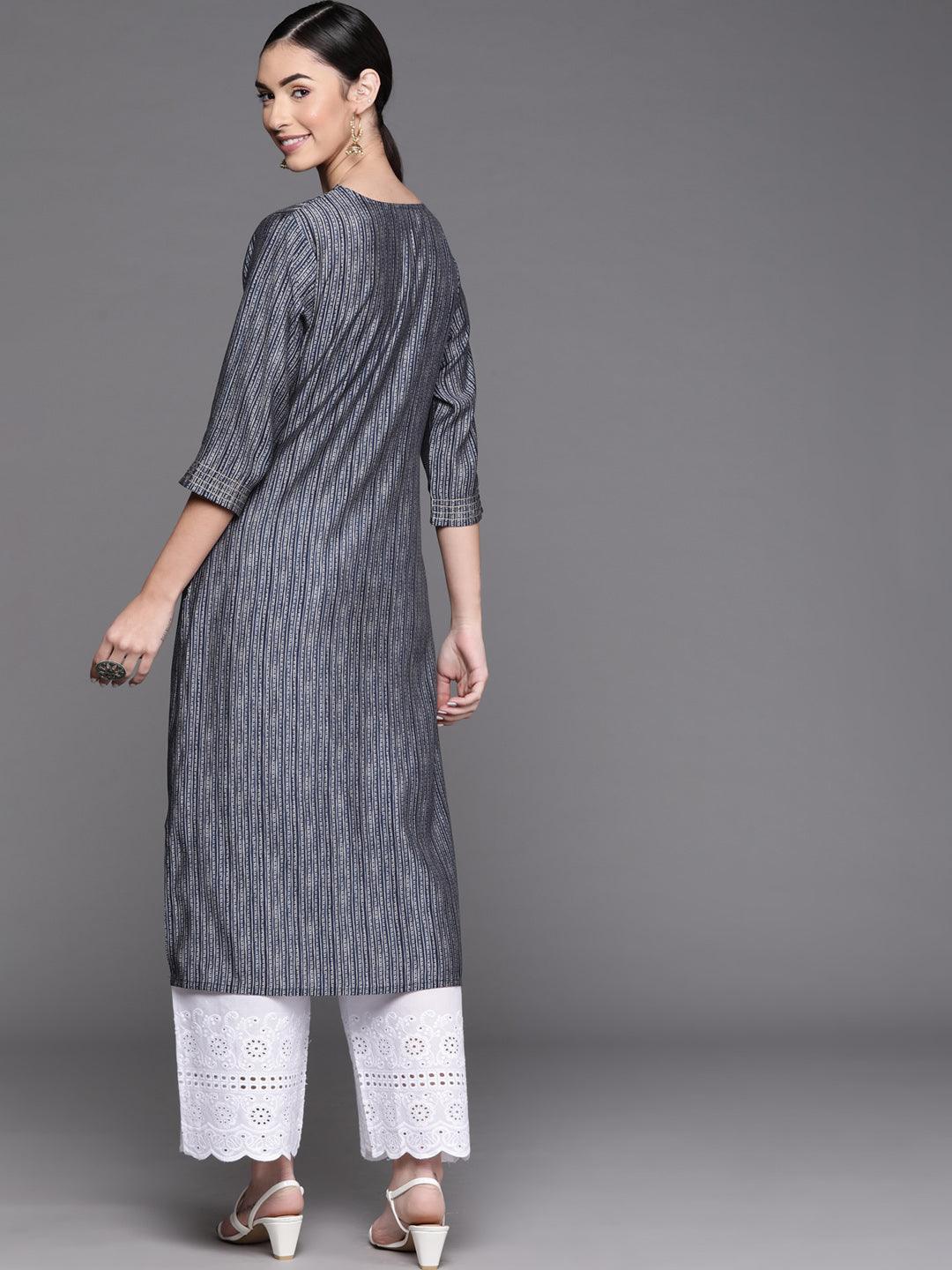 Navy Blue Printed Chanderi Silk Kurta