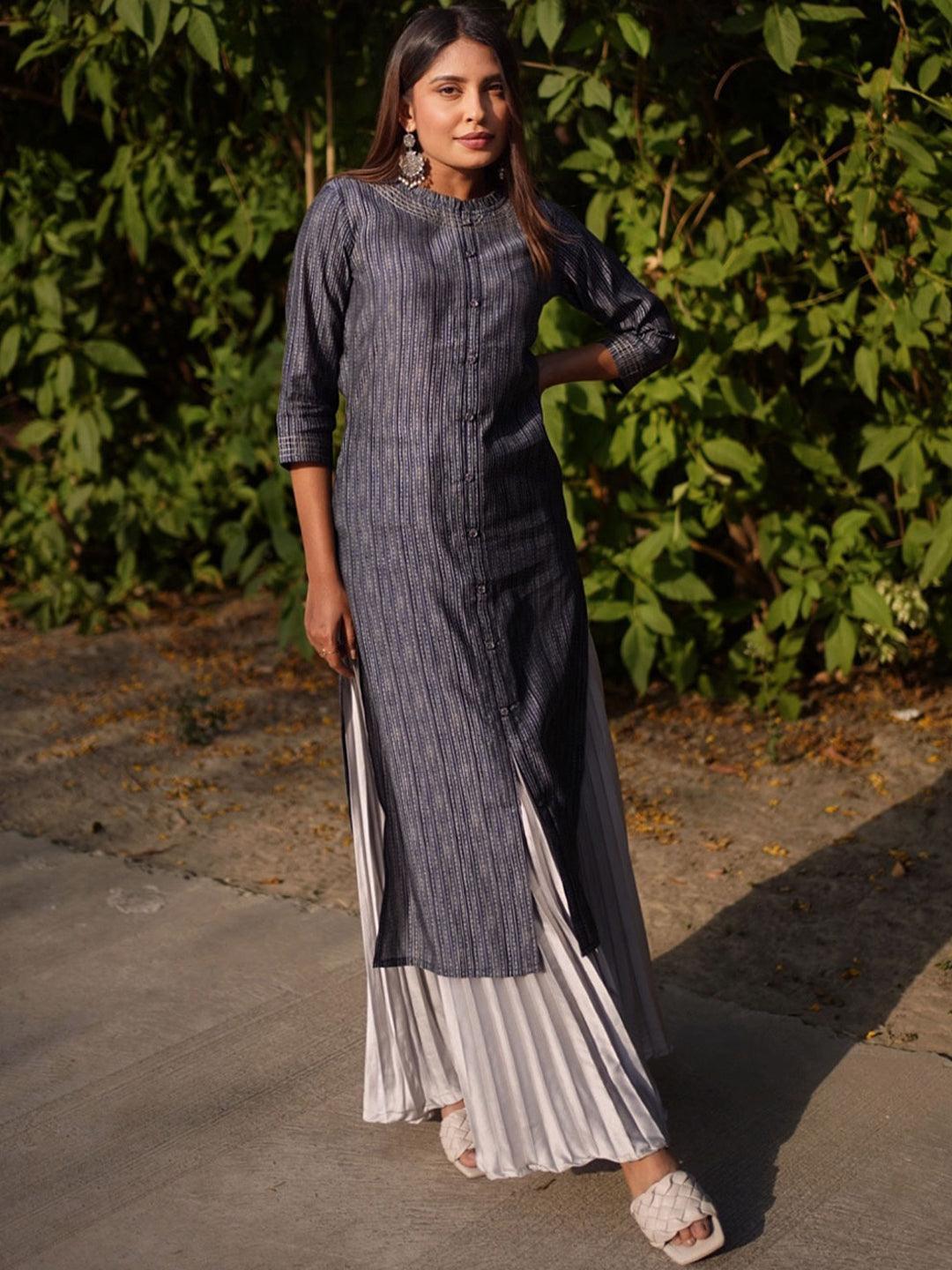 Navy Blue Printed Chanderi Silk Kurta