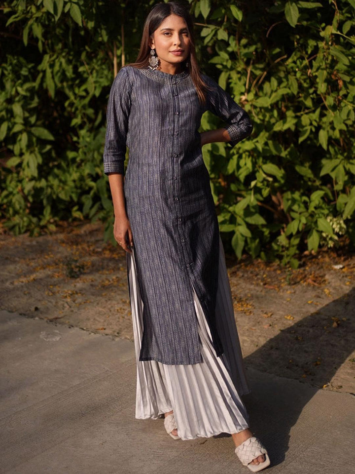 Navy Blue Printed Chanderi Silk Kurta - ShopLibas