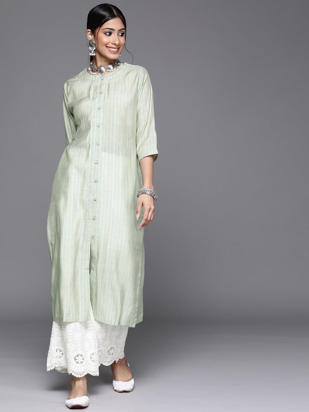 Green Printed Chanderi Silk Kurta - ShopLibas